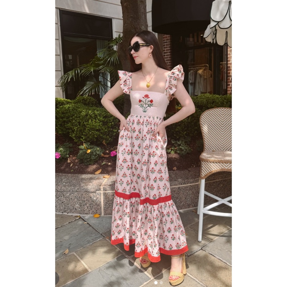 Hill House Women Dresses Maxi Pink Floral Tiered Sundress with Red Trim